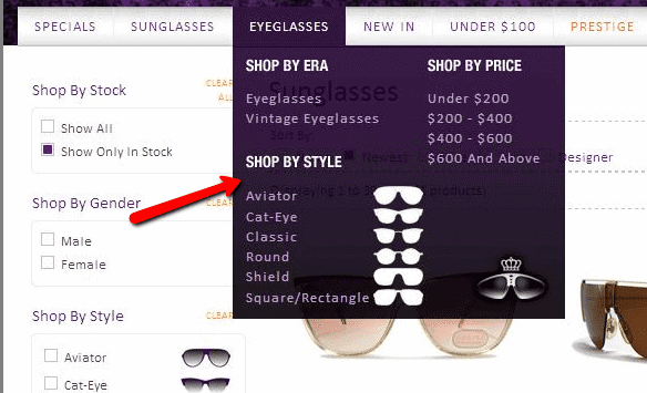 kingofpast drill down menu e-merchandising per ecommerce